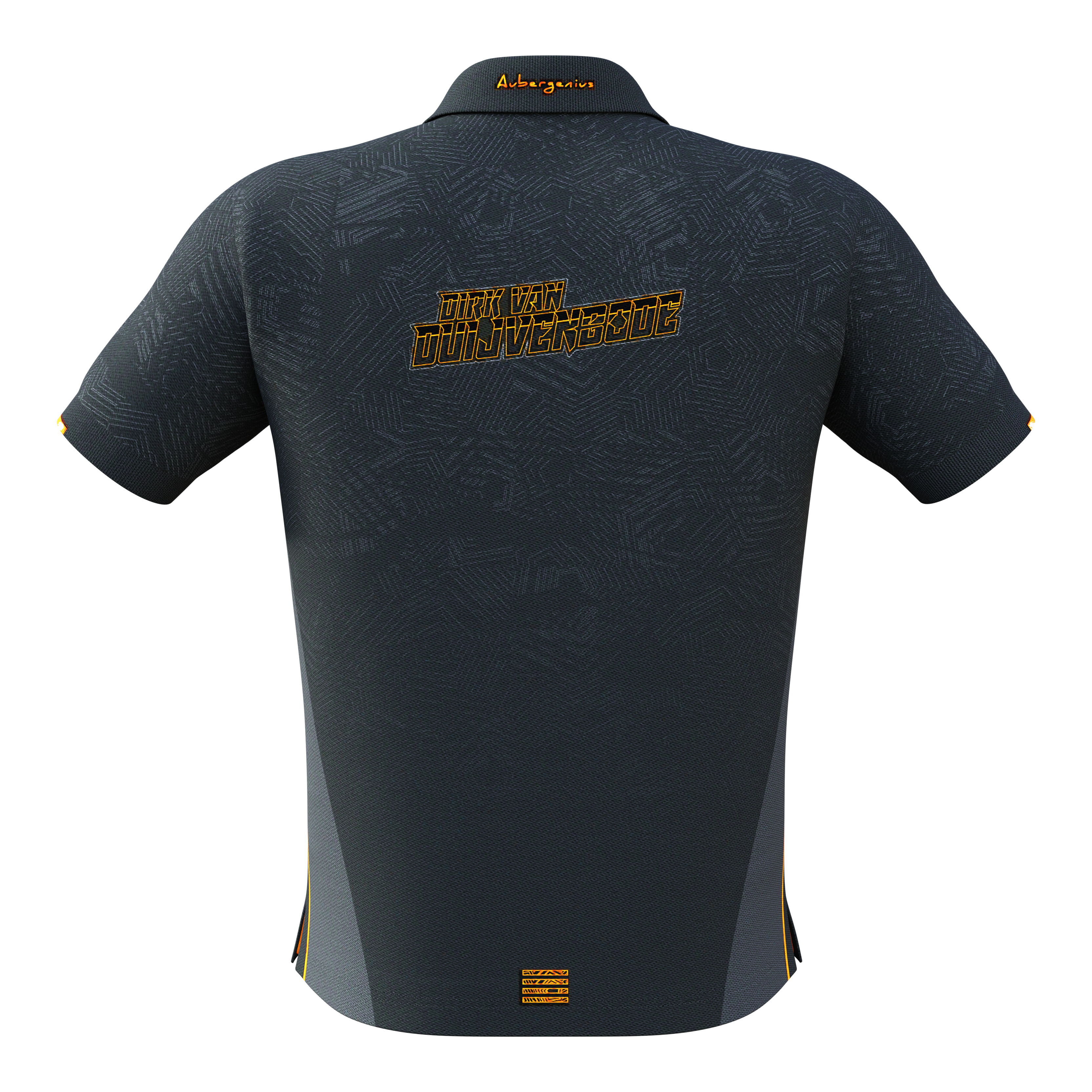 Bulls NL Dirk Van Duijvenbode Matchshirt 2025 Das Bild zeigt das Bulls NL Dirk Van Duijvenbode Matchshirt 2025 von hinten. Auf dem Rücken steht der Name "Dirk Van Duijvenbode" in gelber Schrift.