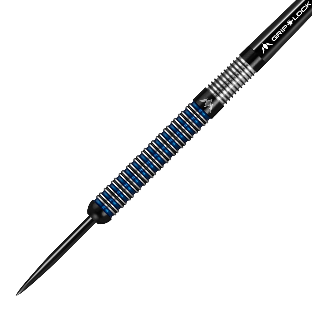 Mission Nightfall Model 1 Steeldarts Das Bild zeigt einen Mission Nightfall Model 1 Steeldart. Der Dart hat ein modernes Design mit silbernen und blauen Ringen am Barrel.