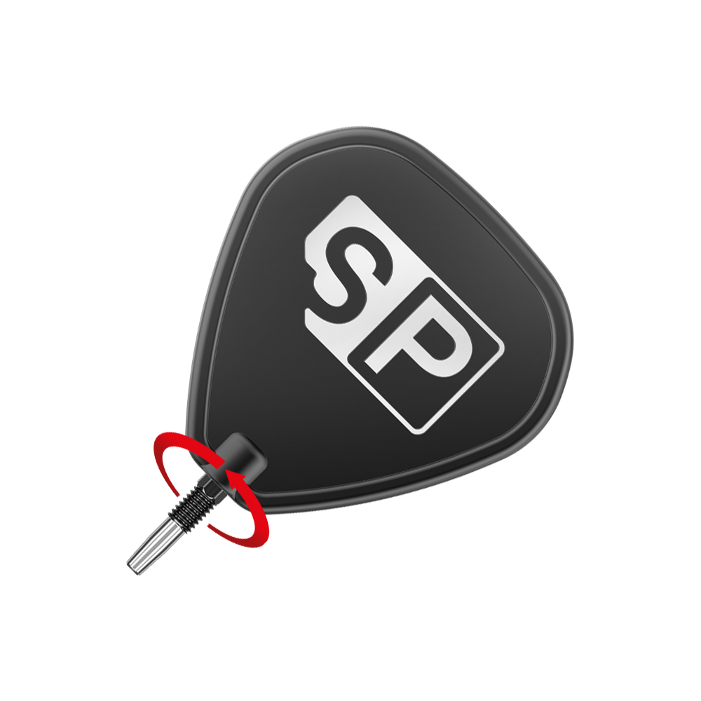 Target Swiss Point RVE Dartspitzen - Schwarz Das Bild zeigt eine schwarze Dartspitze mit der Aufschrift "SP" in Weiß. Ein roter Pfeil deutet auf die Richtung hin, in der die Spitze eingedreht werden soll.