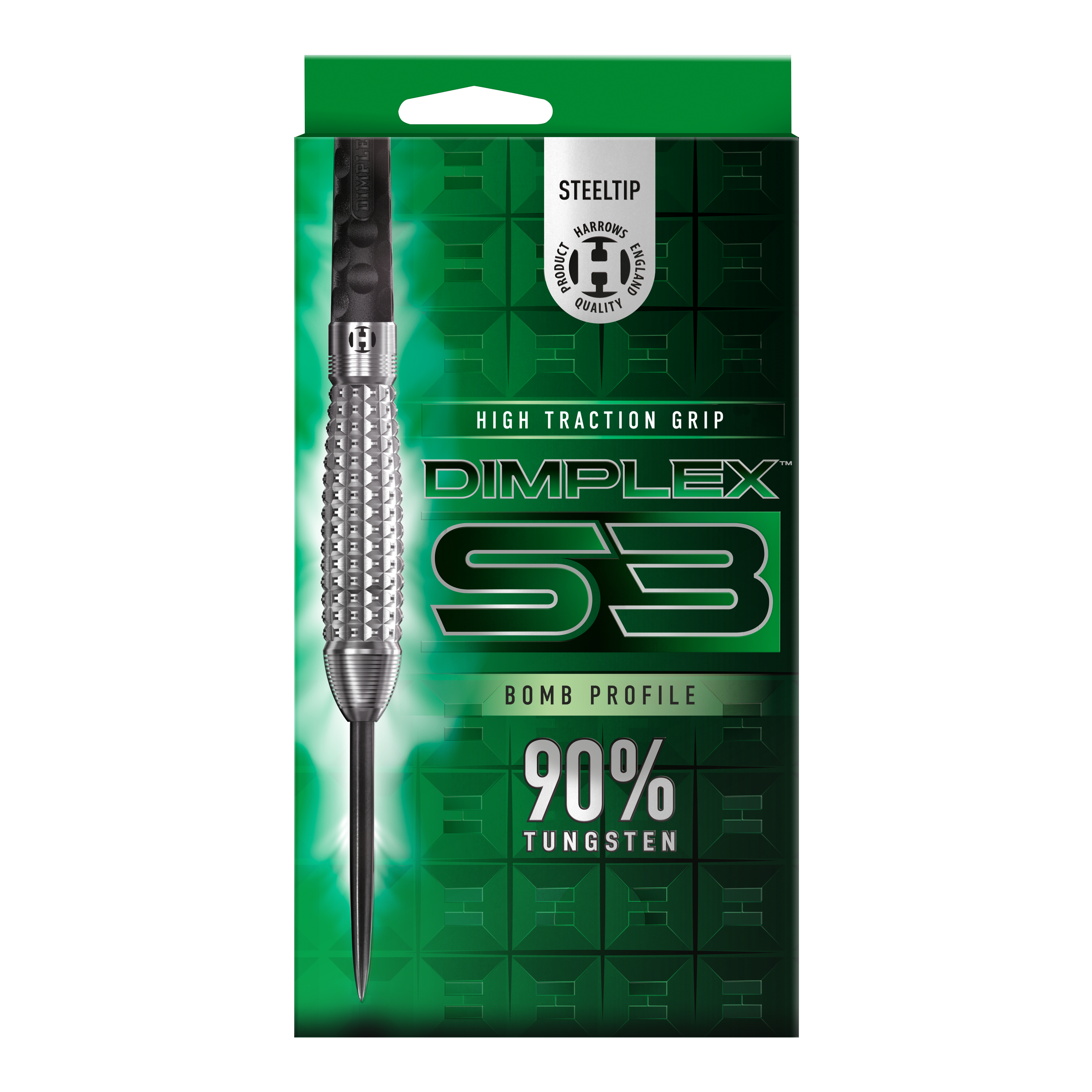 Das Bild zeigt die Verpackung der Harrows Dimplex S3 Bomb Steeldarts. Auf der Packung steht, dass die Darts einen hohen Grip und einen 90%igen Wolframanteil haben.