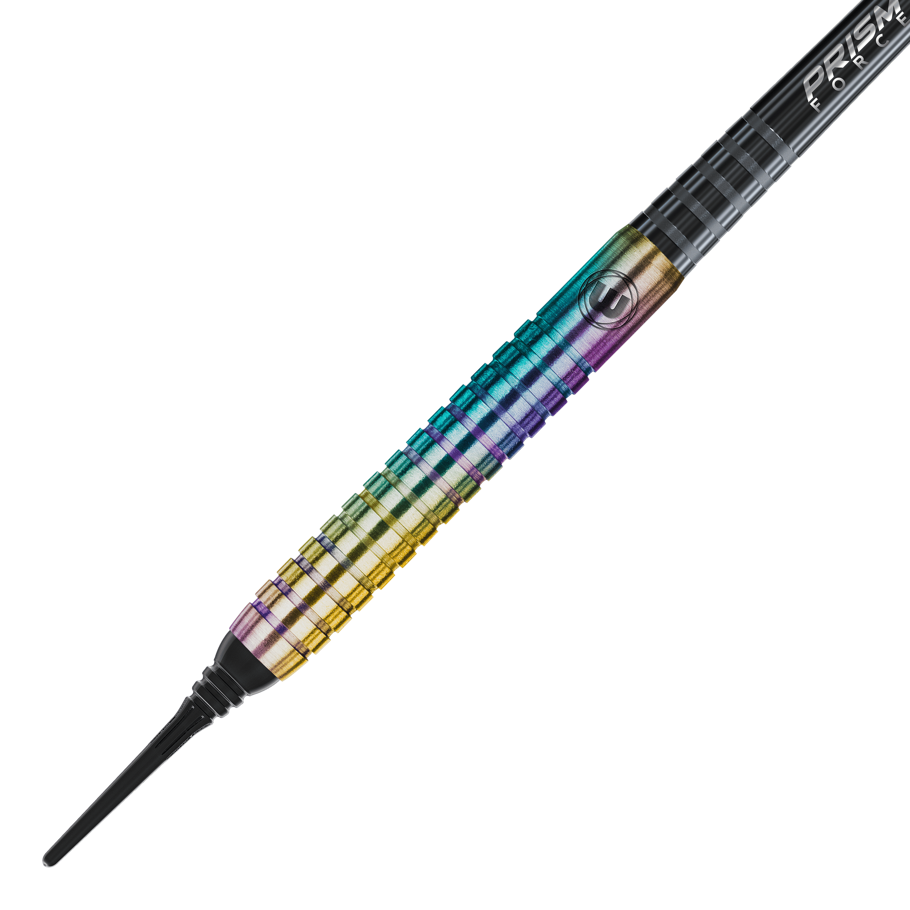 Winmau Foxfire Urban Softdarts - 20g Das Bild zeigt einen Winmau Foxfire Urban Softdart mit einem Gewicht von 20 Gramm. Der Dart hat eine bunte, metallisch schimmernde Oberfläche mit feinen Rillen für besseren Halt.