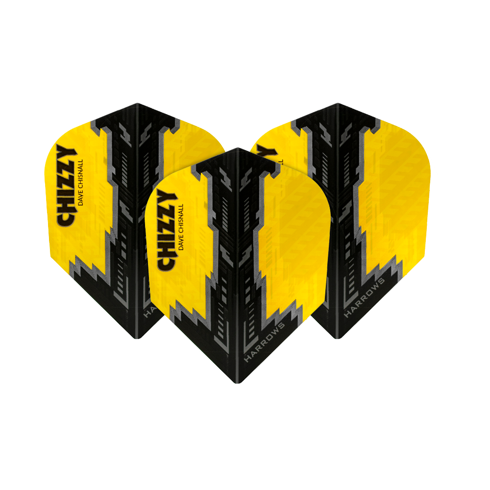 Das Bild zeigt die Harrows Prime Dave Chisnall Schwarz No6 Flights. Die Flights sind gelb und schwarz mit dem Schriftzug "CHIZZY" und "HARROWS" darauf.