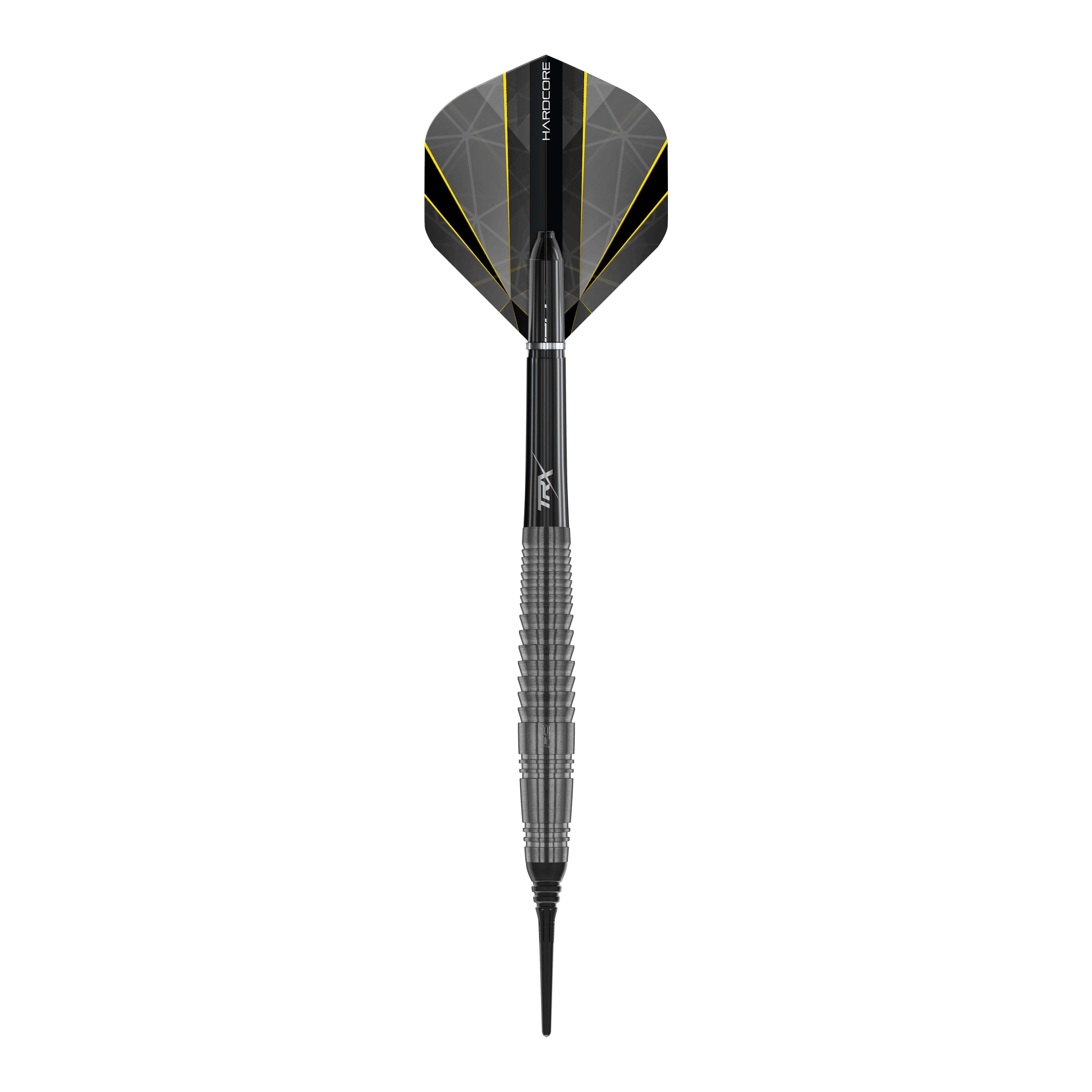 Das Bild zeigt einen "Red Dragon Seren 4 Onyx Softdart" mit einem Gewicht von 20g. Der Dart ist schwarz-grau und hat gelbe Akzente auf den Flights.