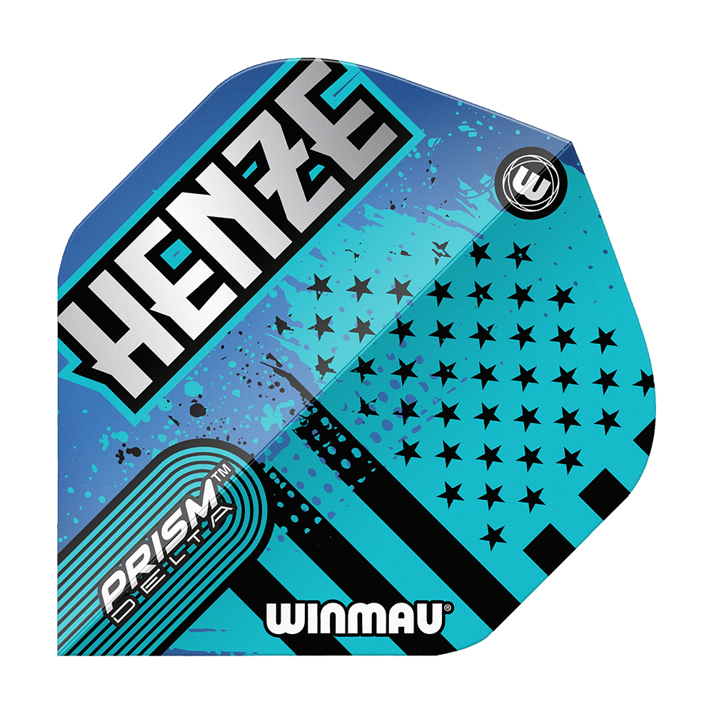 Das Bild zeigt ein Winmau Prism Delta Rick Henze Standard Flight in blau-schwarzem Design. Auf dem Flight stehen die Wörter "HENZE", "PRISM DELTA" und "WINMAU".