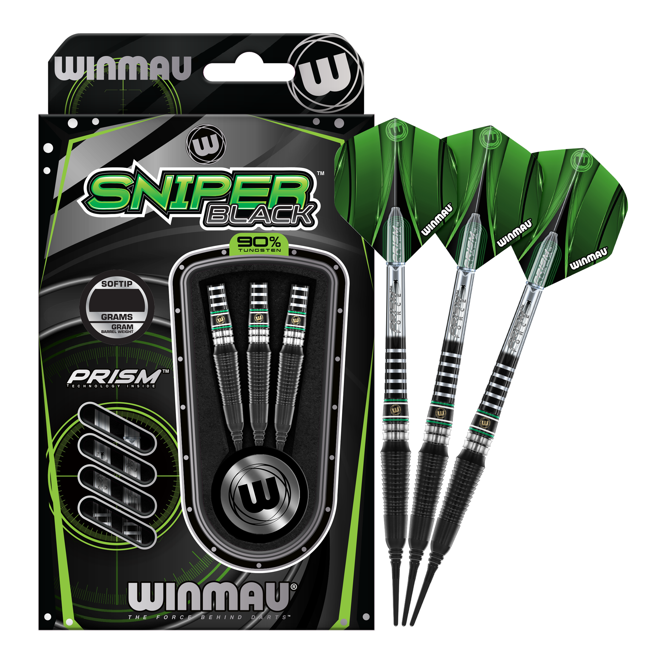 Winmau Sniper Black 2025 Softdarts - 20g Das Bild fokussiert einen einzelnen Winmau Sniper Black 2025 Softdart - 20g. Schwarz glänzende Oberfläche.
