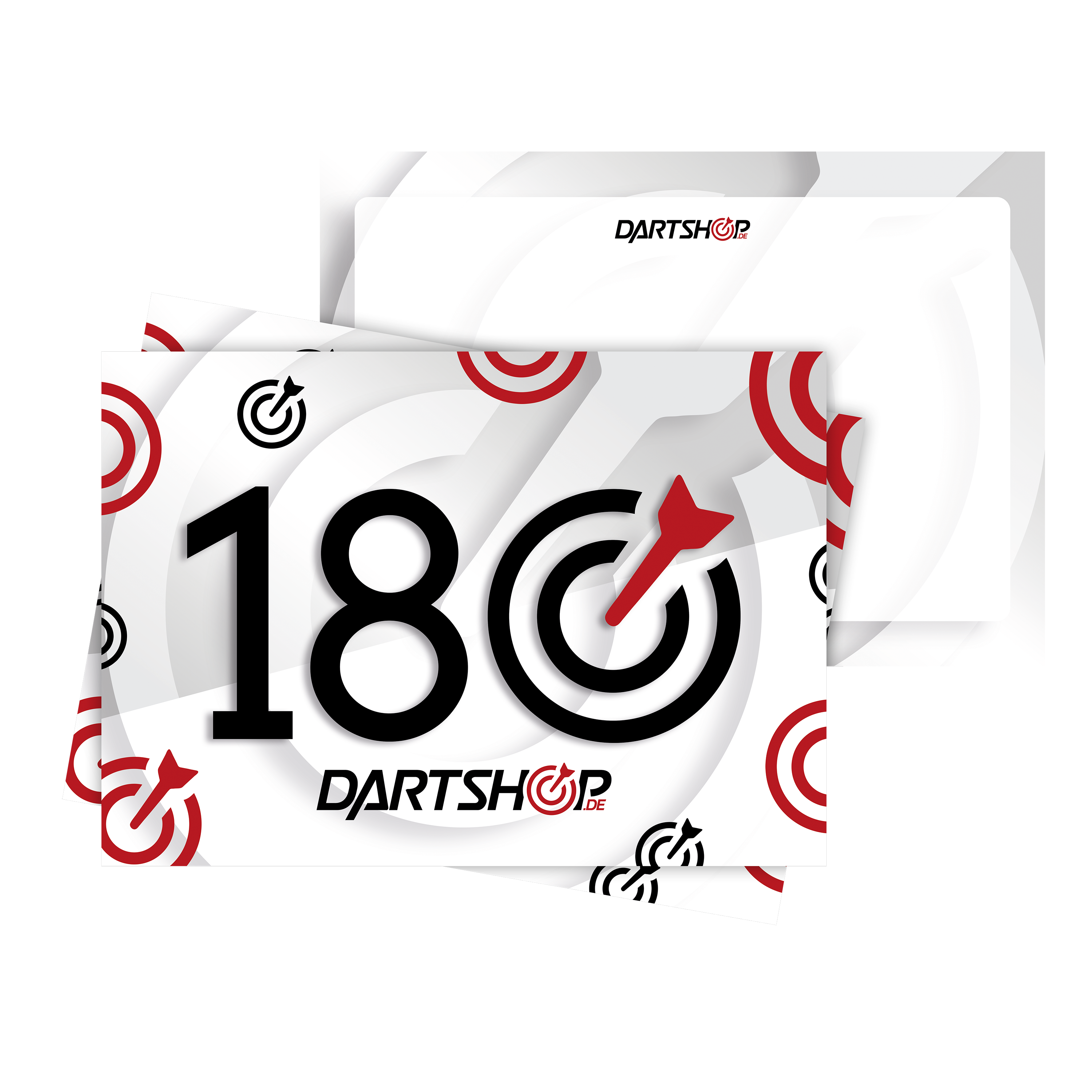 Dartshop 180er Schilder (9er Pack) Das Bild zeigt die "Dartshop 180er Schilder (9er Pack)" mit einem auffälligen Design aus Zielscheiben und einer großen Zahl "180". Die Schilder sind für den Einsatz beim Dartspiel gedacht und in einem praktischen Neunerpack erhältlich.