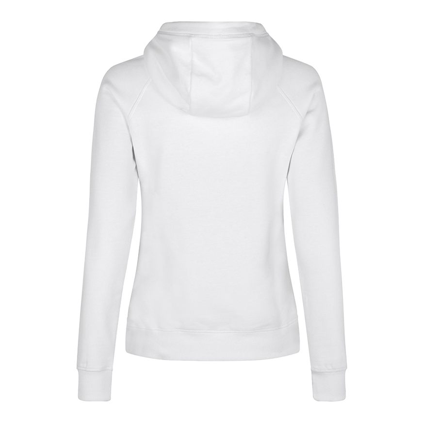 Barrels and Shafts Damen Hoodie - Weiß Dies ist ein weißer Damen-Hoodie, der von hinten zu sehen ist. Das schlichte Design zeigt lange Ärmel und eine Kapuze.