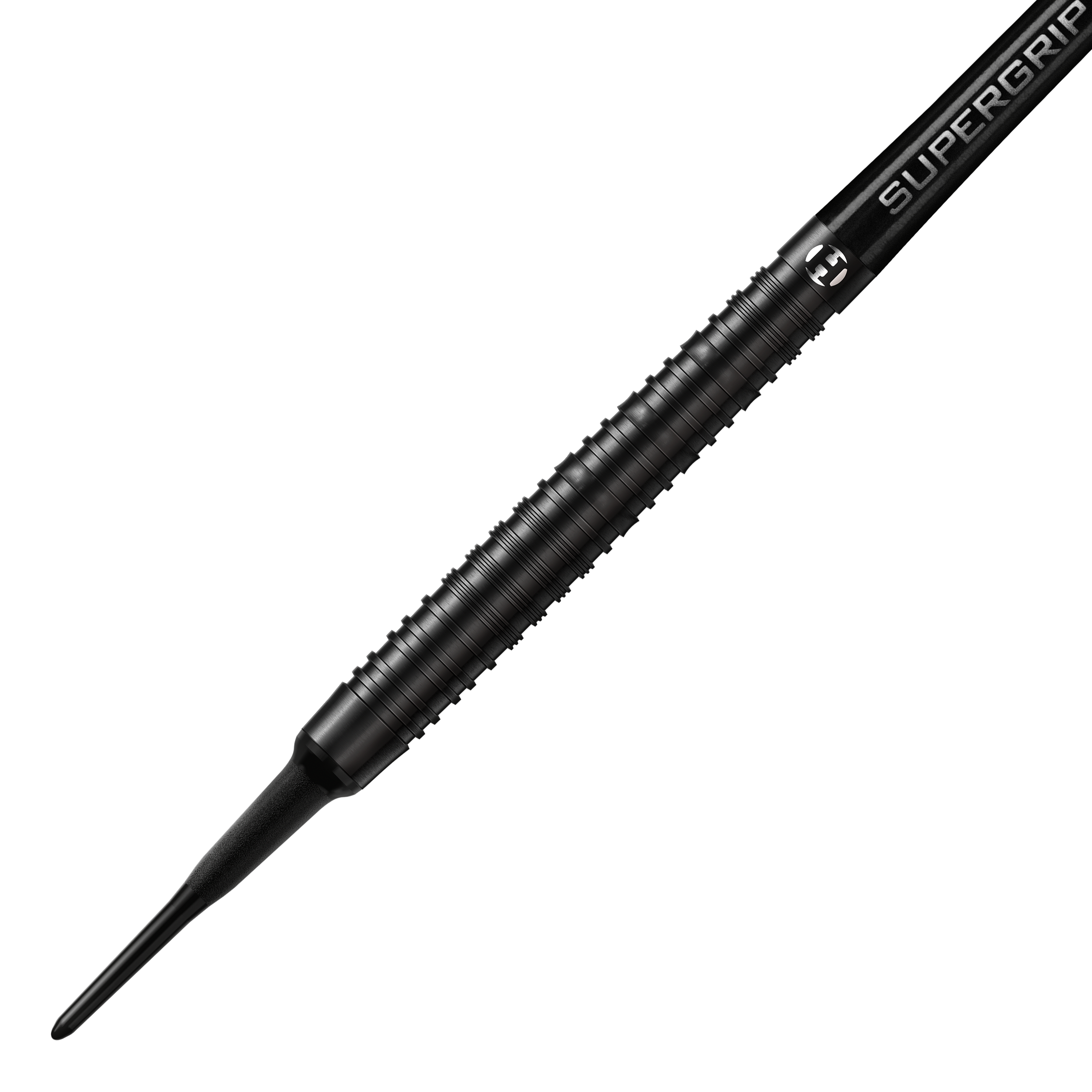 Harrows NX90 Black-Edition Softdarts Dieses Bild zeigt den Harrows NX90 Black-Edition Softdart. Der Dart ist komplett schwarz und hat eine geriffelte, griffige Oberfläche.
