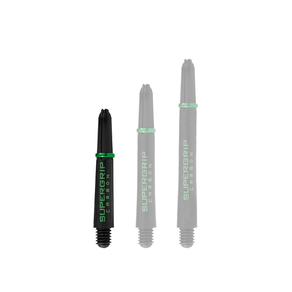 Das Bild zeigt drei schwarze Harrows Supergrip Carbon Shafts mit grünen Akzenten in verschiedenen Längen. Auf den Schäften steht in grüner Schrift "SUPERGRIP CARBON".