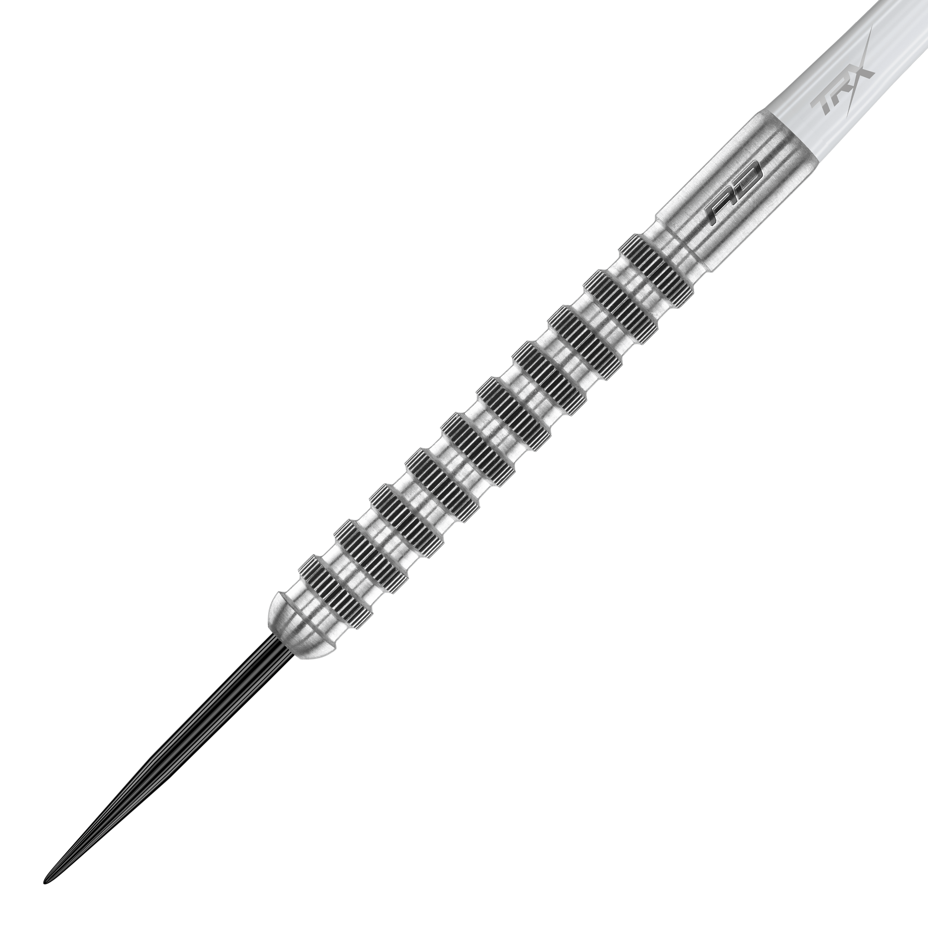Das Bild zeigt einen Red Dragon Javelin Speedline Steeldart. Der Dartpfeil besteht aus silbernem Metall mit markanten, gerillten Griffmulden.