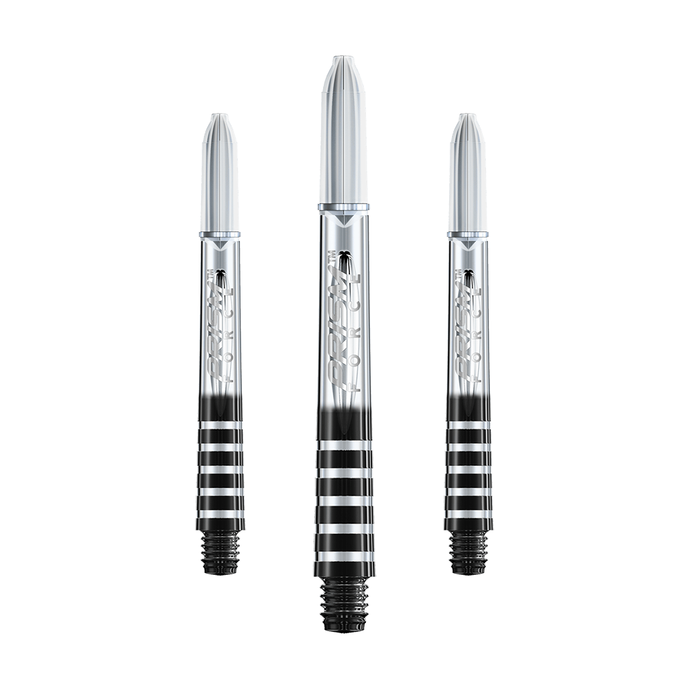 7020-406_Winmau_Prism_Force_Shafts_Clear_41mm_1 Auf dem Bild sind drei durchsichtige Dartschäfte mit schwarzen und silbernen Streifen zu sehen. Sie haben eine glänzende Oberfläche und sind in verschiedenen Größen angeordnet.