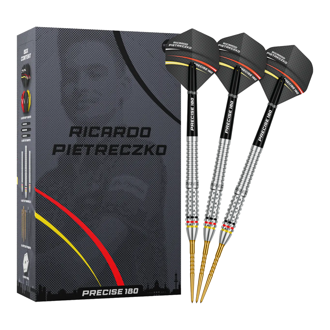Vollansicht der Precise 180 Ricardo Pietreczko GEN1 Steeldarts. Diese Darts sind für Präzision und Kontrolle entwickelt.