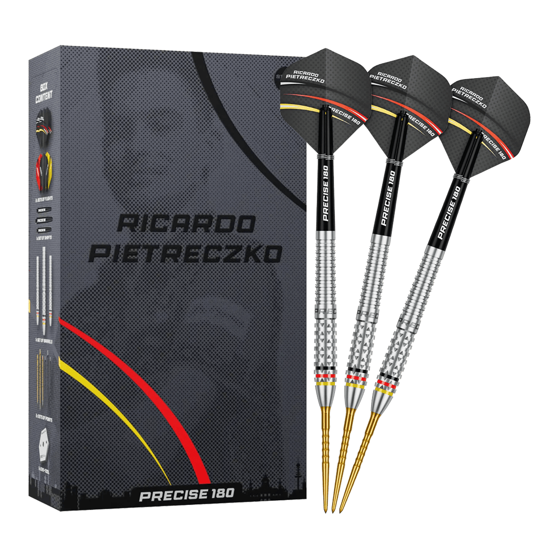 Precise 180 Ricardo Pietreczko GEN1 Steeldarts Vollansicht der Precise 180 Ricardo Pietreczko GEN1 Steeldarts. Diese Darts sind für Präzision und Kontrolle entwickelt.