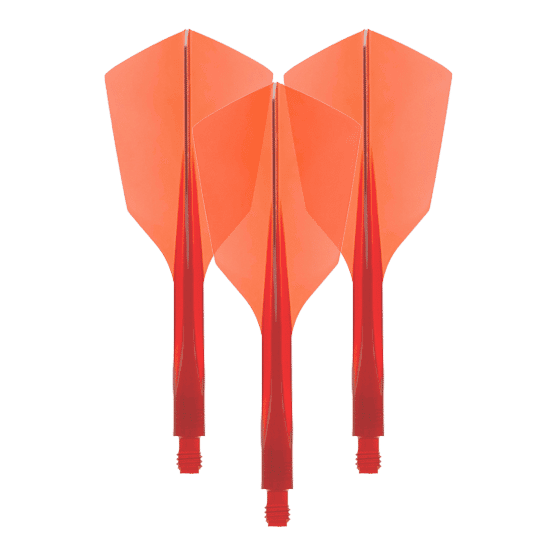 Das Bild zeigt drei rote Dartflights aus Kunststoff mit schmaler Form. Es handelt sich um das Produkt "Condor Axe 120 Flight-System Clear Red - Narrow".