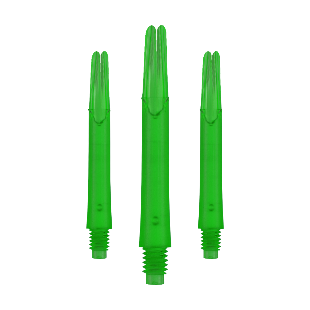 Auf dem Bild sind drei gerade, grüne Dartshafts ohne Kappen zu sehen. Sie stehen nebeneinander und haben ein Schraubgewinde am unteren Ende.