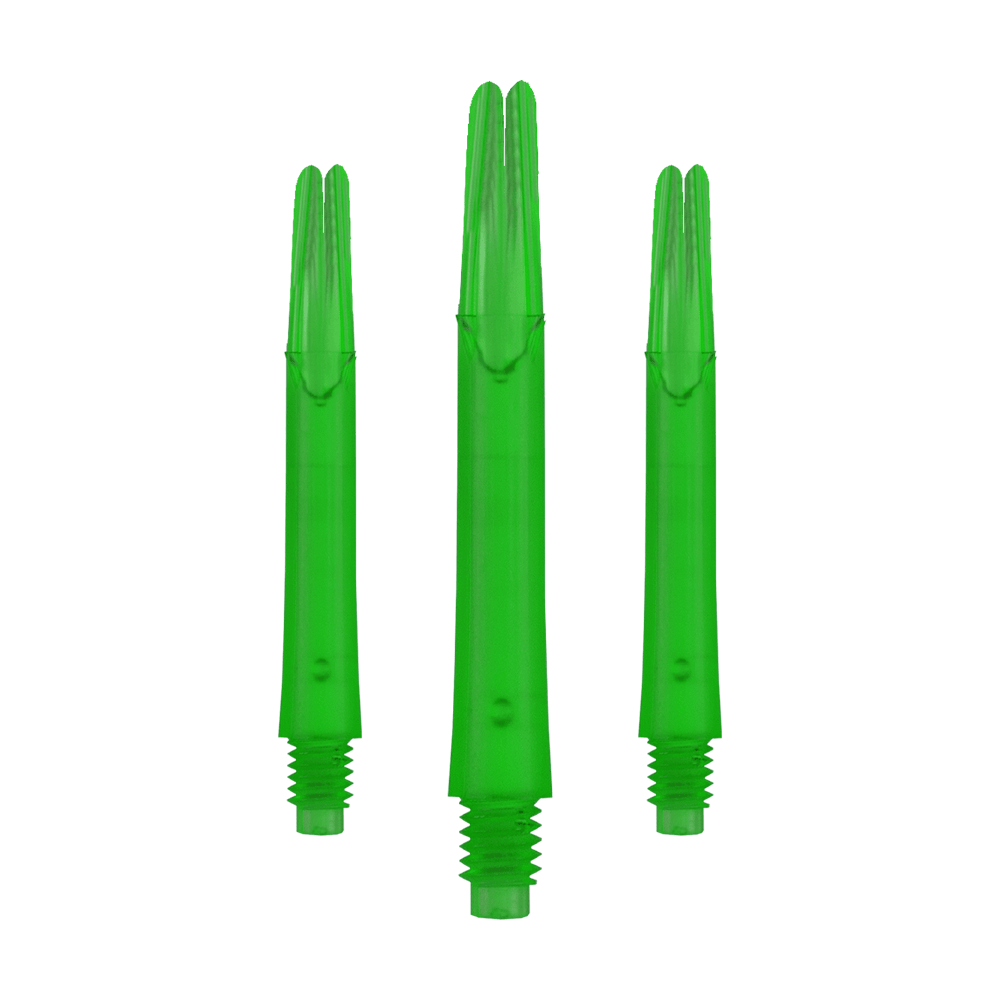 L-Style L-Shafts Locked Straight - Green 260 Auf dem Bild sind drei gerade, grüne Dartshafts ohne Kappen zu sehen. Sie stehen nebeneinander und haben ein Schraubgewinde am unteren Ende.