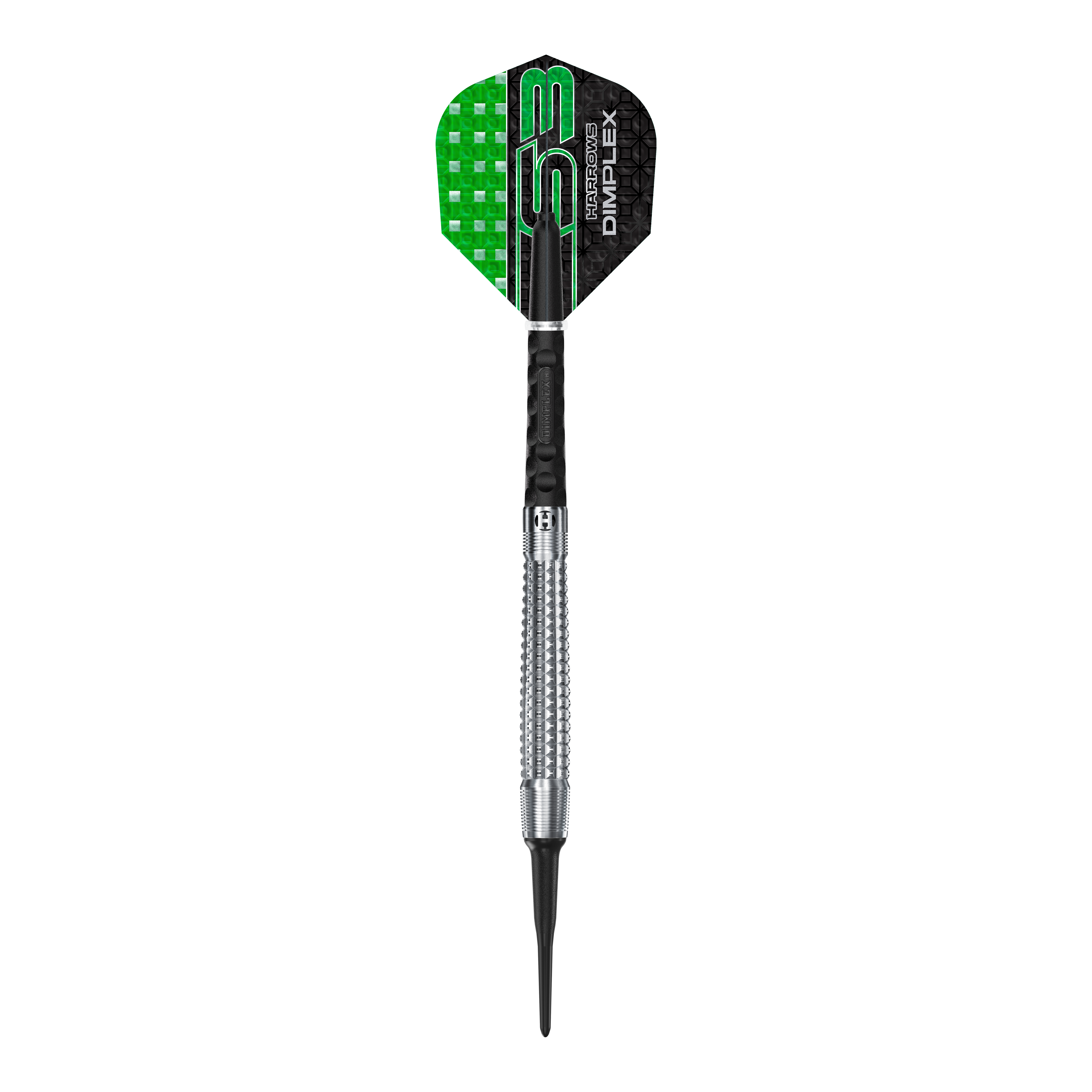 Harrows Dimplex S3 Tapered Softdarts Das Bild zeigt einen Harrows Dimplex S3 Tapered Softdart. Der Dartpfeil hat eine Metallspitze und ein schwarzes und grünes Flight-Design.