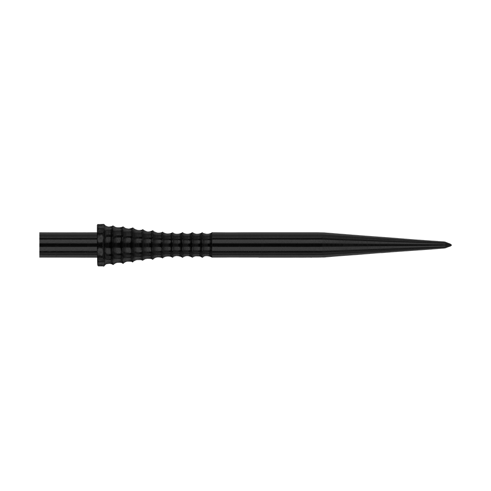 Das Bild zeigt die Red Dragon Raptor Gripped Black Steeldartspitze mit einer Länge von 38 mm. Die Spitze ist schwarz und hat eine geriffelte Grifffläche für besseren Halt.