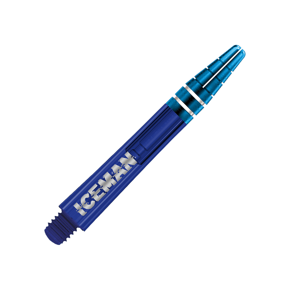 Auf dem Bild ist ein blauer Dart-Schaft zu sehen. Auf dem Schaft steht das Wort "ICEMAN" in weißen Buchstaben.