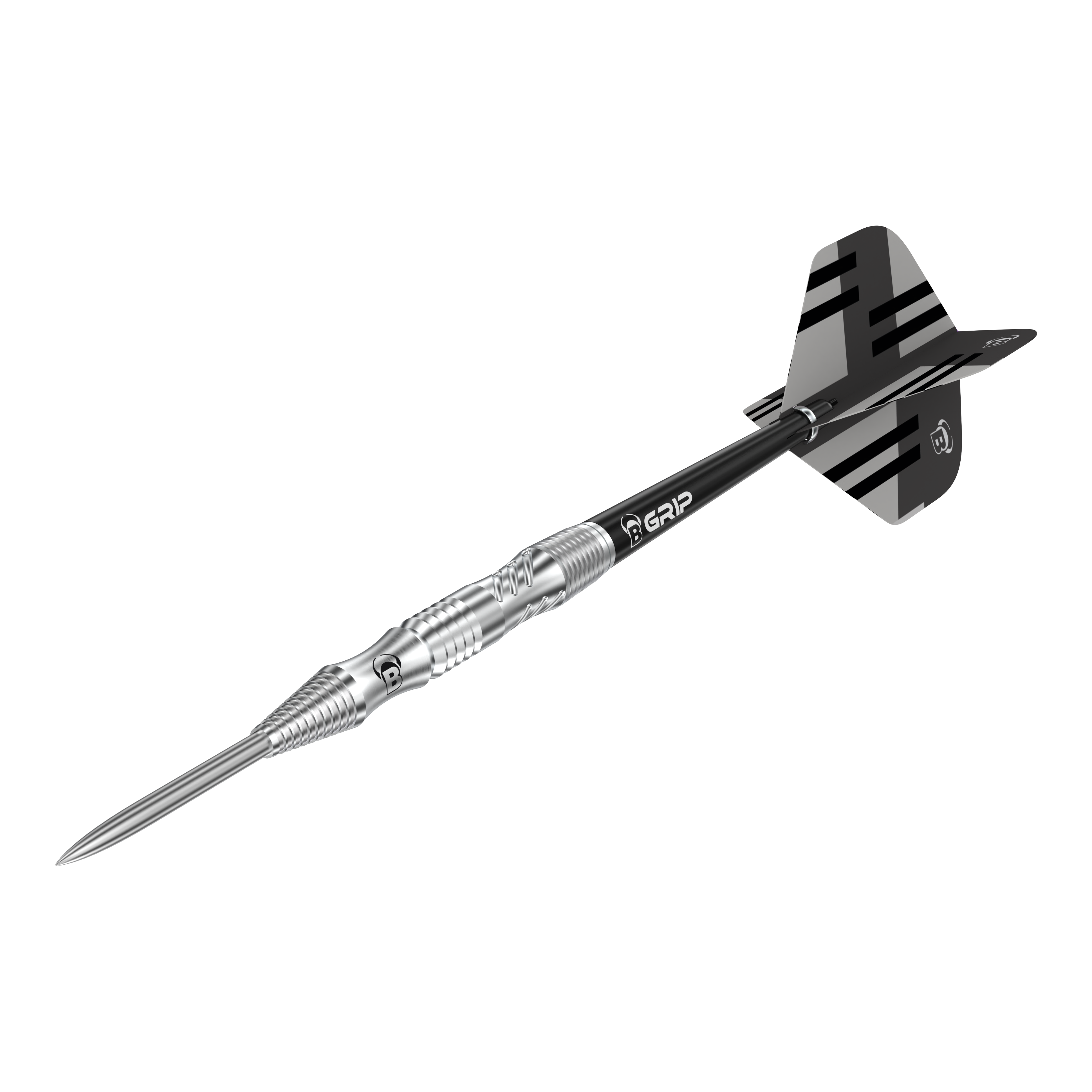 Das Bild zeigt einen Bulls Tac T1 Steeldart. Der Dart hat eine silberne Spitze und ein schwarzes Flight-Design mit Streifen.