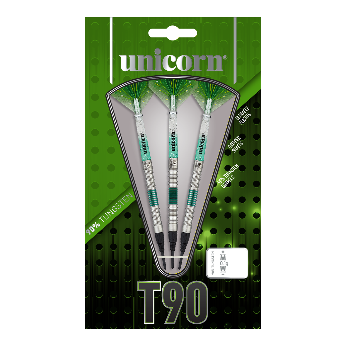 Das Bild zeigt die Unicorn T90 Core XL Green Softdarts in einer grünen Verpackung. Die Darts bestehen zu 90 % aus Tungsten und haben grüne Akzente.
