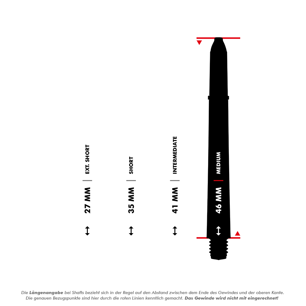 Das Bild zeigt die verschiedenen Längen der Winmau Pro-Force Shafts in Weiß. Die Längen sind 27 mm (Extra Short), 35 mm (Short), 41 mm (Intermediate) und 46 mm (Medium).