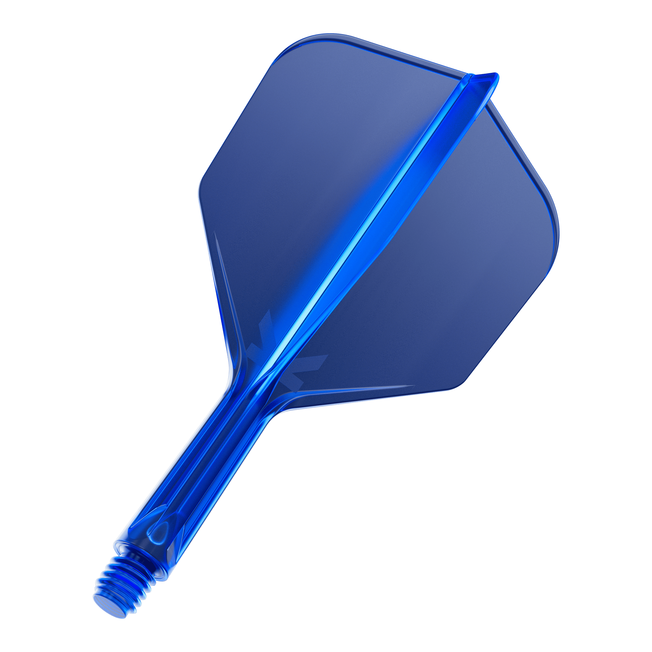 Target K-Flex No6 Flight-System - Blau Das Bild zeigt ein blaues Dartflight-System mit integriertem Schaft. Das Material wirkt durchsichtig und hat eine glatte, glänzende Oberfläche.