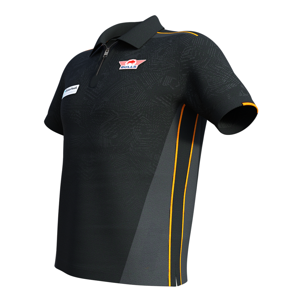 Bulls NL Dirk Van Duijvenbode Matchshirt 2025 Dieses Bild zeigt das Bulls NL Dirk Van Duijvenbode Matchshirt 2025. Das Shirt ist überwiegend schwarz mit gelben Akzenten und besitzt einen kurzen Reißverschluss am Kragen.