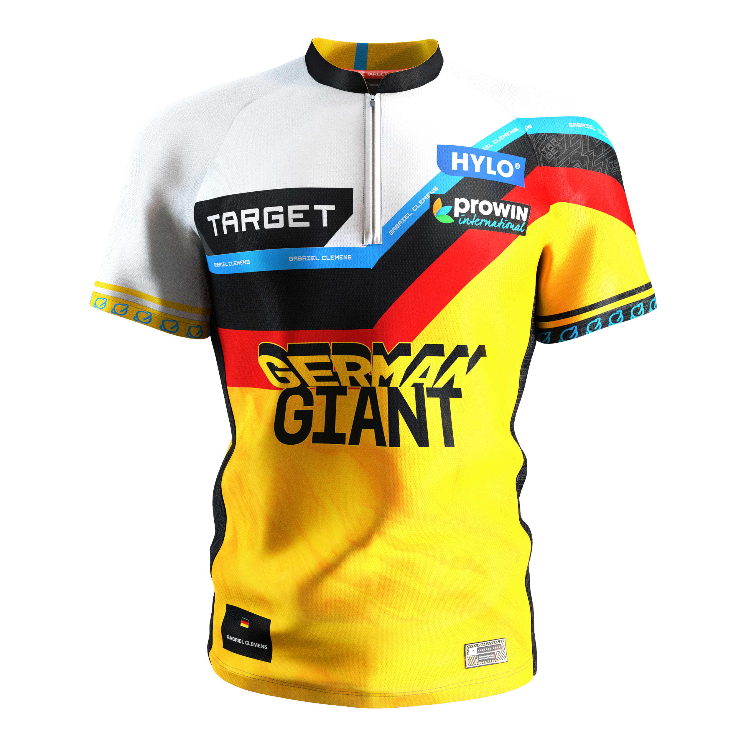 Target Coolplay Gabriel Clemens 2025 Dartshirt Das Bild zeigt das Target Coolplay Gabriel Clemens 2025 Dartshirt. Das Trikot ist gelb, schwarz, rot und weiß und trägt die Aufschrift "GERMAN GIANT" auf der Vorderseite.