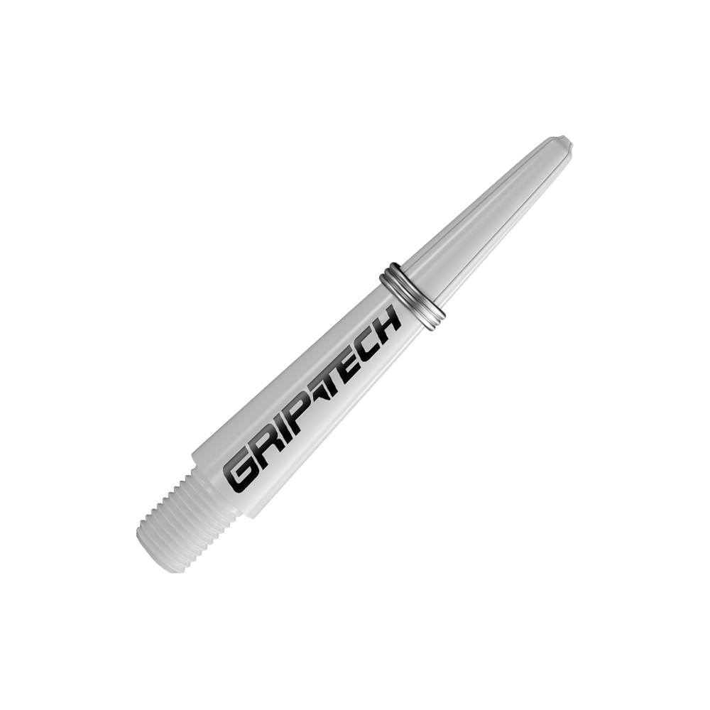 GOAT Griptech Shafts - Weiß Das Bild zeigt einen weißen Dart-Schaft mit der Aufschrift "GRIPTECH". Der Schaft hat ein Gewinde an einem Ende und einen silbernen Ring in der Mitte.