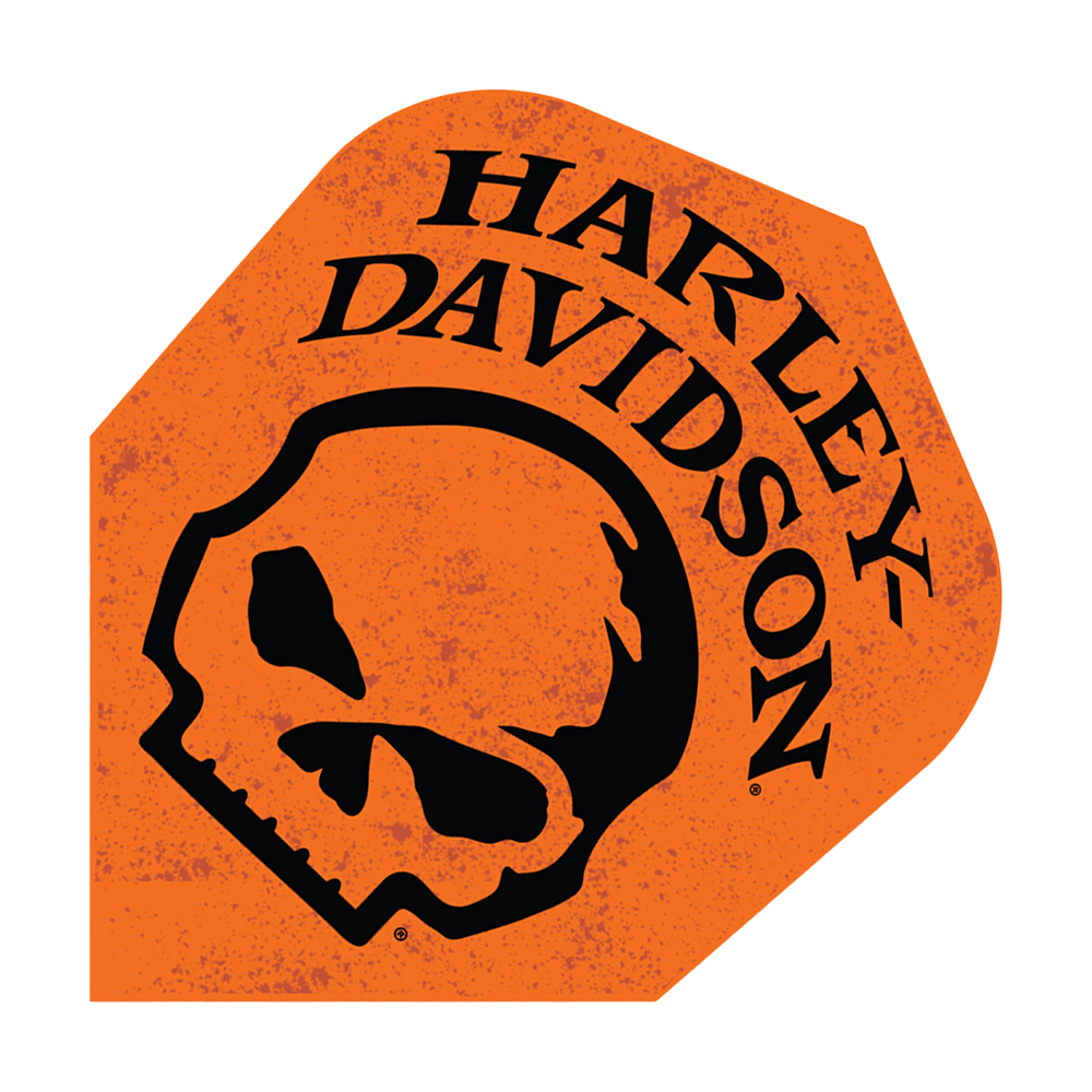 Das Bild zeigt ein orangefarbenes Dart-Flight mit einem schwarzen Totenkopf und dem Schriftzug "Harley-Davidson" darüber. Das Design wirkt robust und auffällig, typisch für Harley-Davidson-Motive.