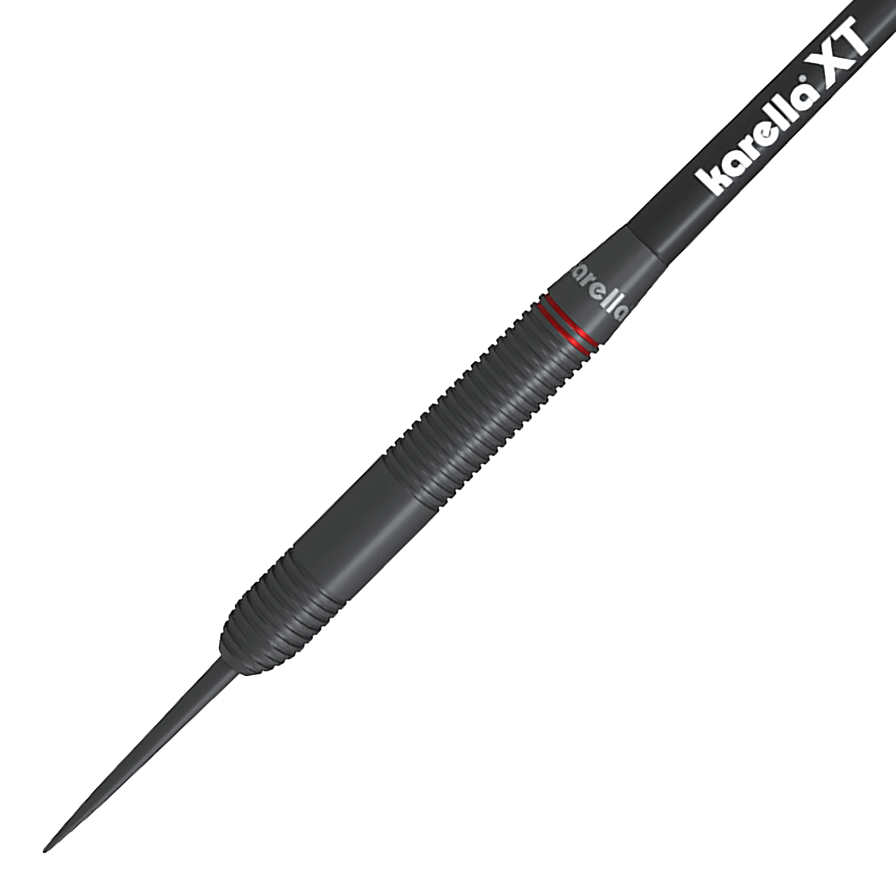 Karella Daniel Klose Steeldarts Das Bild zeigt einen Karella Daniel Klose Steeldartpfeil. Der Dart ist schwarz mit einem geriffelten Griffbereich und einem roten Ring.