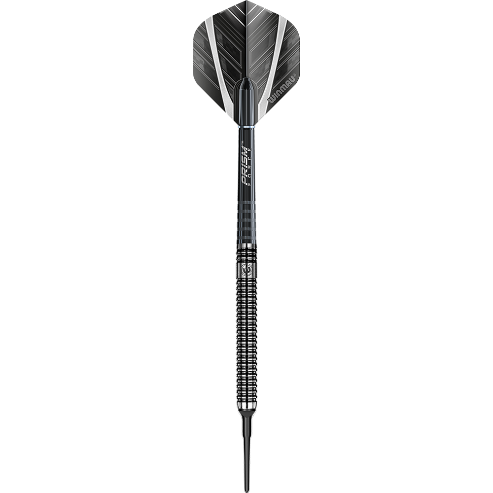 2061-20-Winmau-Blackout-Tungsten-Softdarts-1LmFwgWpL36vzg Das Bild zeigt einen Winmau Blackout Tungsten Softdart. Der Dart hat ein elegantes schwarzes Design mit gerilltem Griff und silber-schwarzer Flight.