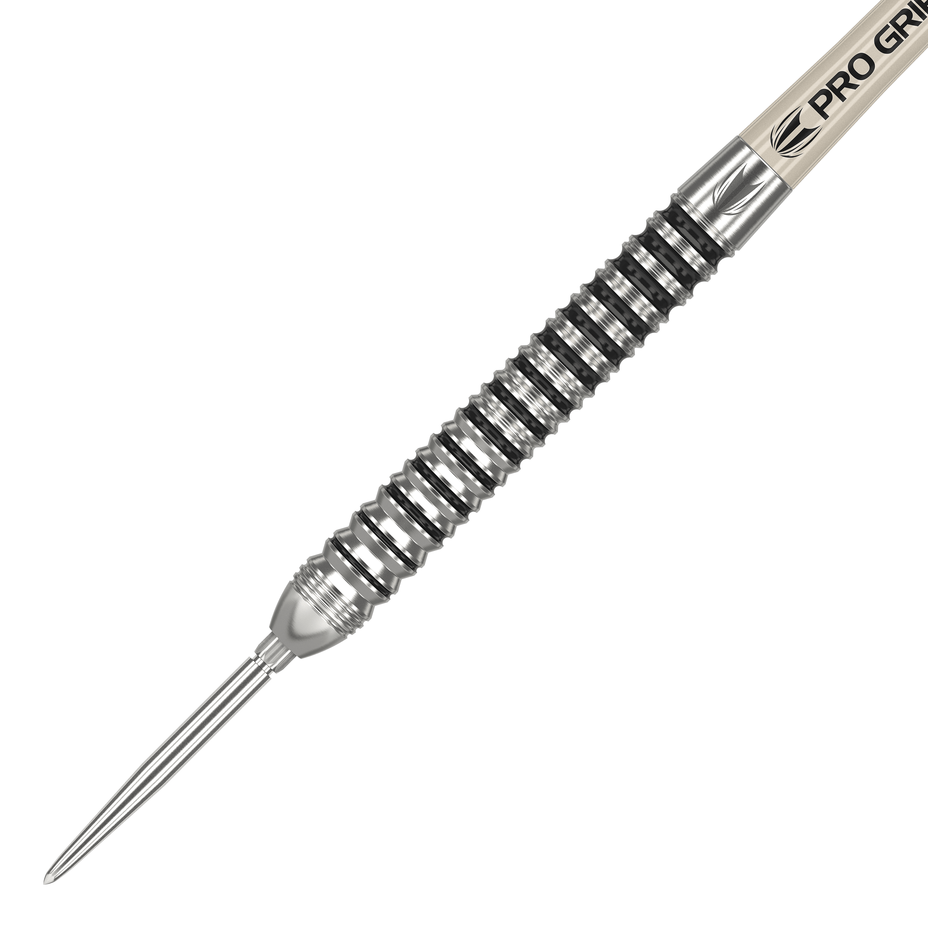 Das Bild zeigt einen Target EXO SP01 Swiss Point Steeldart. Der Dart hat ein silbernes, geriffeltes Barrel und eine spitze Stahlspitze.