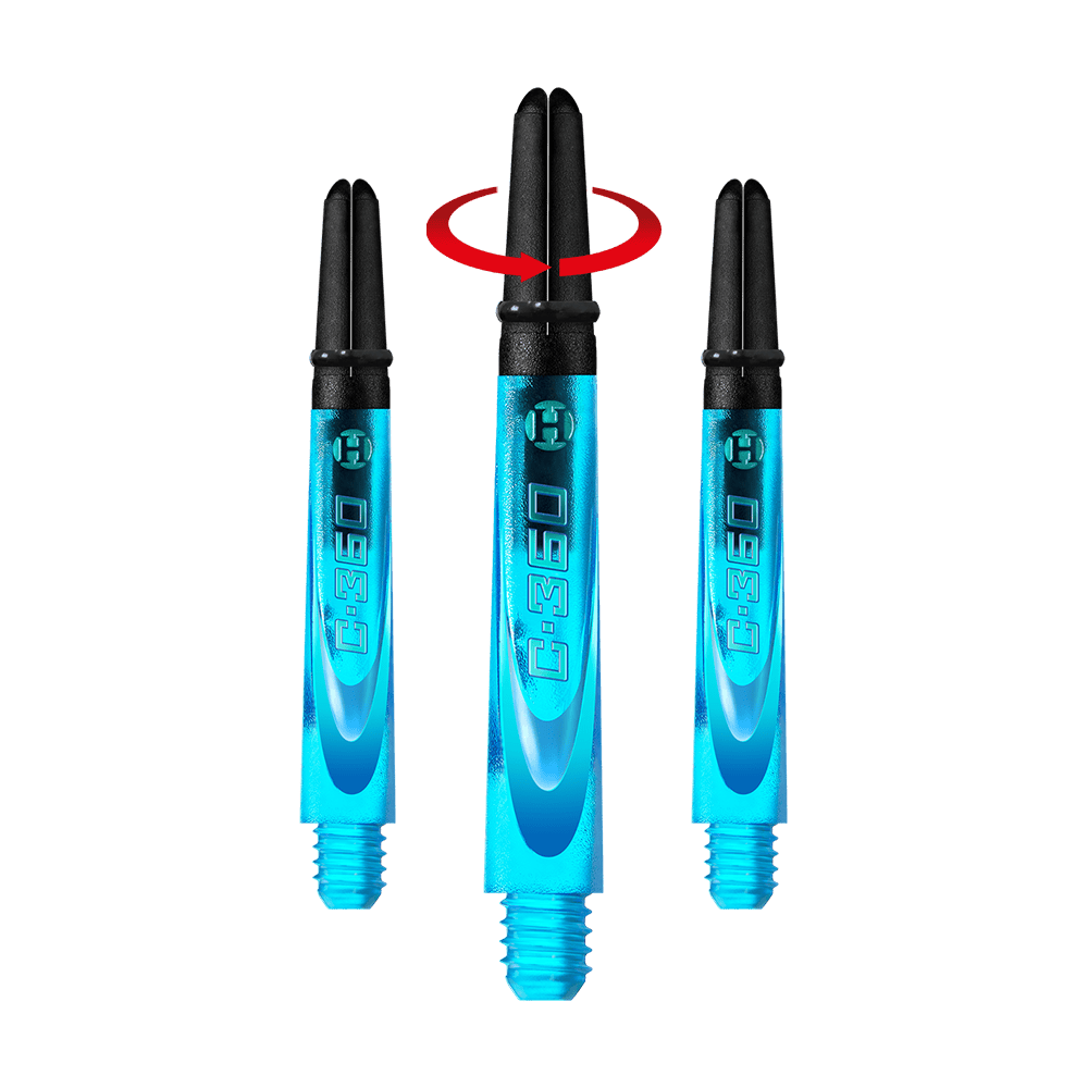 HR444_Harrows_Carbon_360_Shafts_Aqua_42mm_1-_Symbol Auf dem Bild sind drei blaue Dartschäfte mit schwarzem oberen Teil zu sehen. Über dem mittleren Schaft zeigen zwei rote Pfeile eine Drehbewegung an.