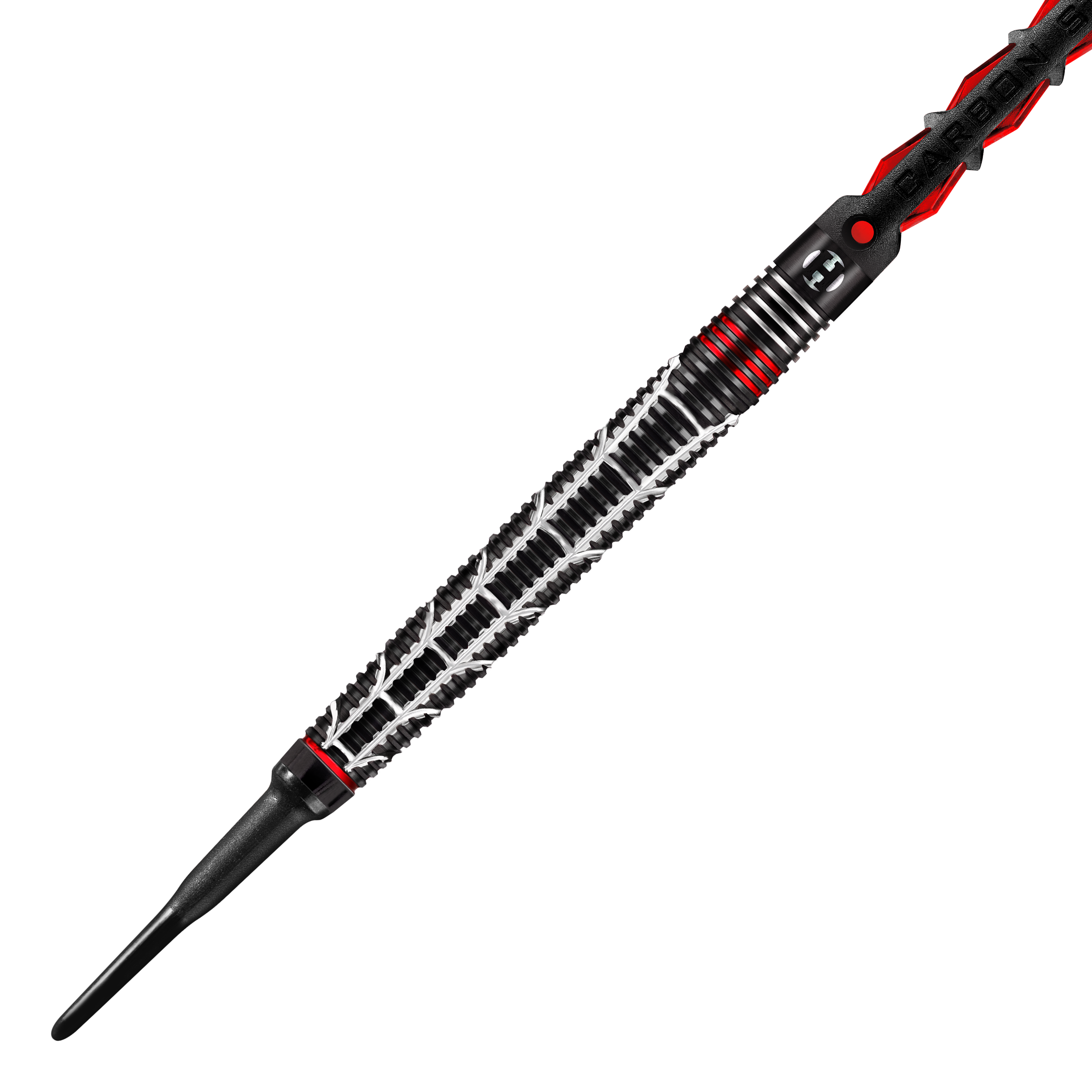 Harrows Atrax Softdarts Auf dem Bild ist ein Softdart-Pfeil mit einem auffällig gemusterten, schwarzen Griff zu sehen. Der Dart hat silberne und rote Akzente, die ihm ein modernes und sportliches Aussehen verleihen.