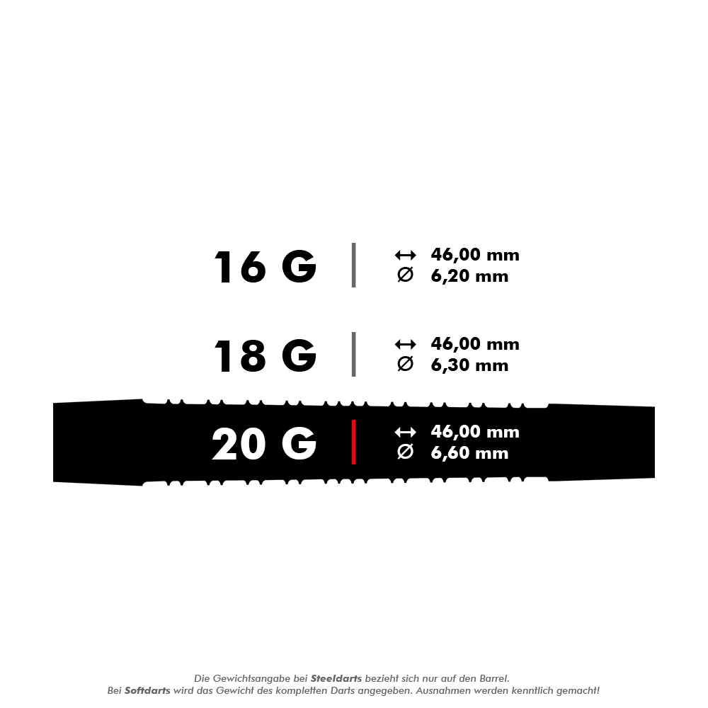 Das Bild zeigt drei verschiedene Gewichte für Darts: 16 g, 18 g und 20 g. Für jedes Gewicht sind die Länge und der Durchmesser des Darts angegeben.