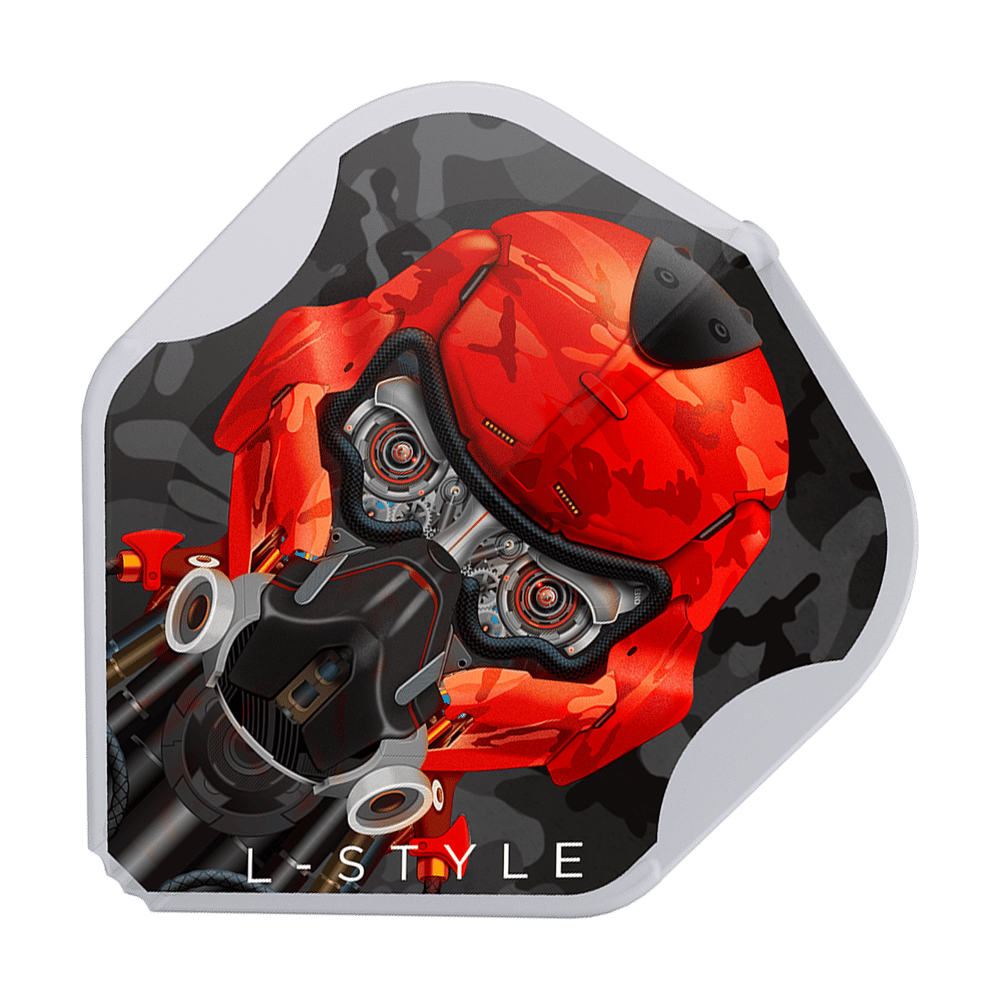 Das Bild zeigt ein Dart-Flight mit einem auffälligen roten Roboter-Helm-Design auf schwarzem Hintergrund. Am unteren Rand steht der Schriftzug "L-STYLE".