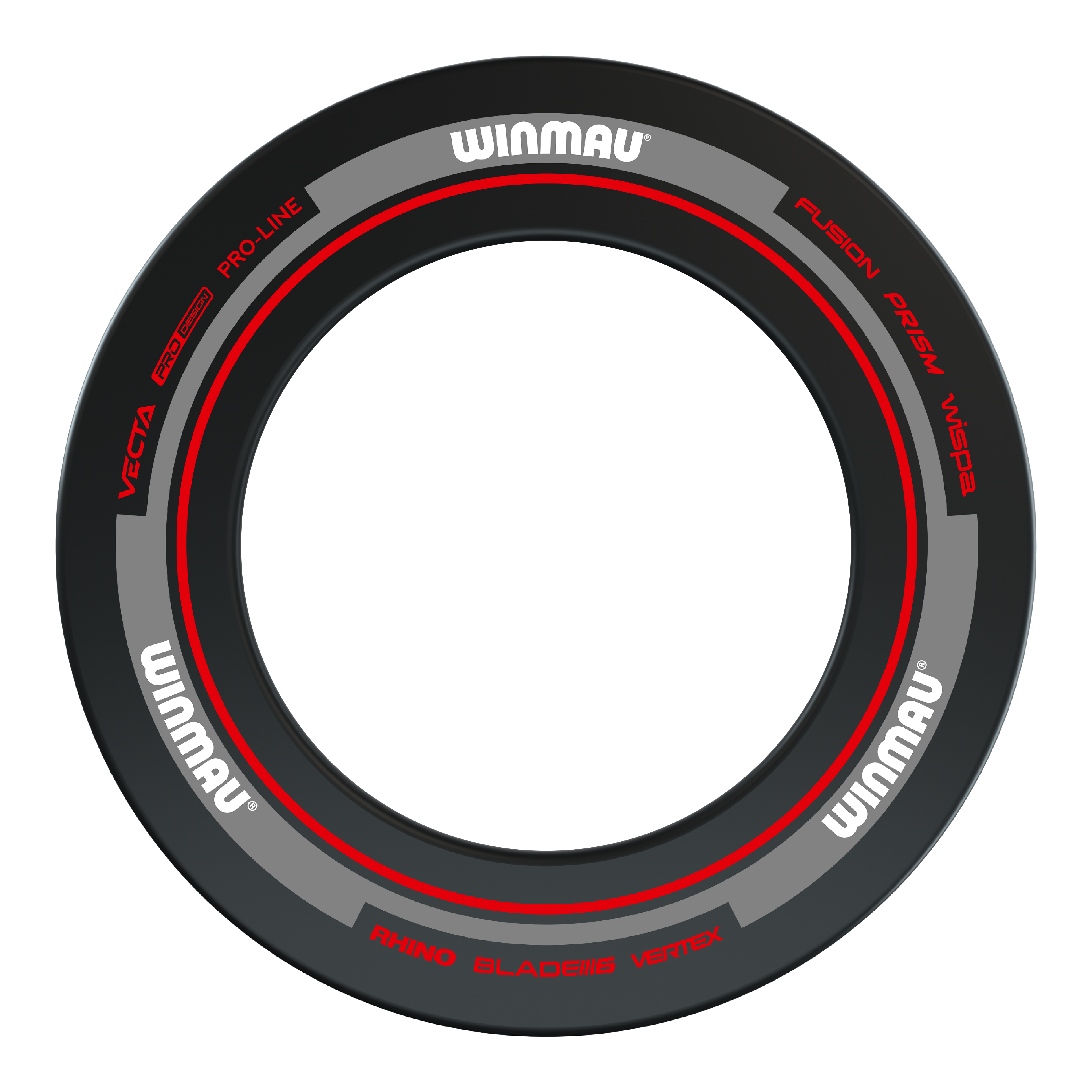 Winmau Advance Dartboard Surround - Schwarz Rot Das Bild zeigt das Winmau Advance Dartboard Surround in Schwarz und Rot. Der Ring ist mit verschiedenen Markierungen und dem Winmau-Logo versehen.