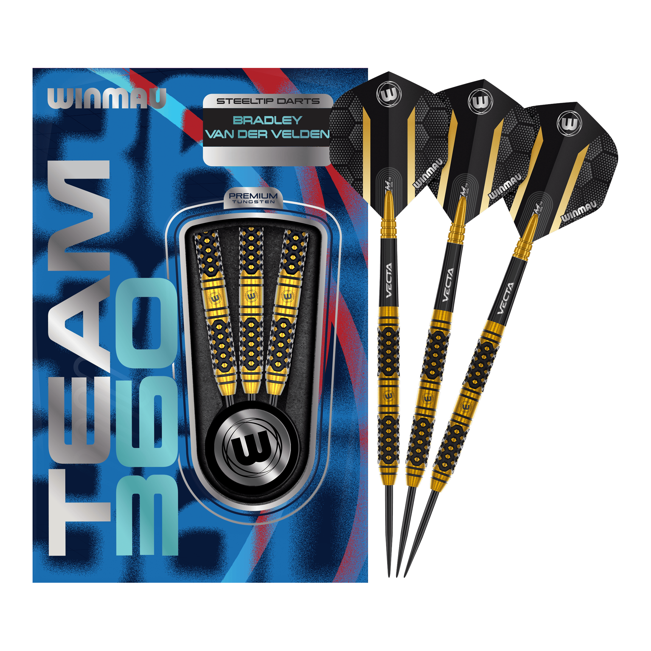Zu sehen ist ein Winmau Team 360 Bradley Van Der Velden Steeldarts - 22g. Das Bild vermittelt einen vollständigen Eindruck des Dartprodukts.