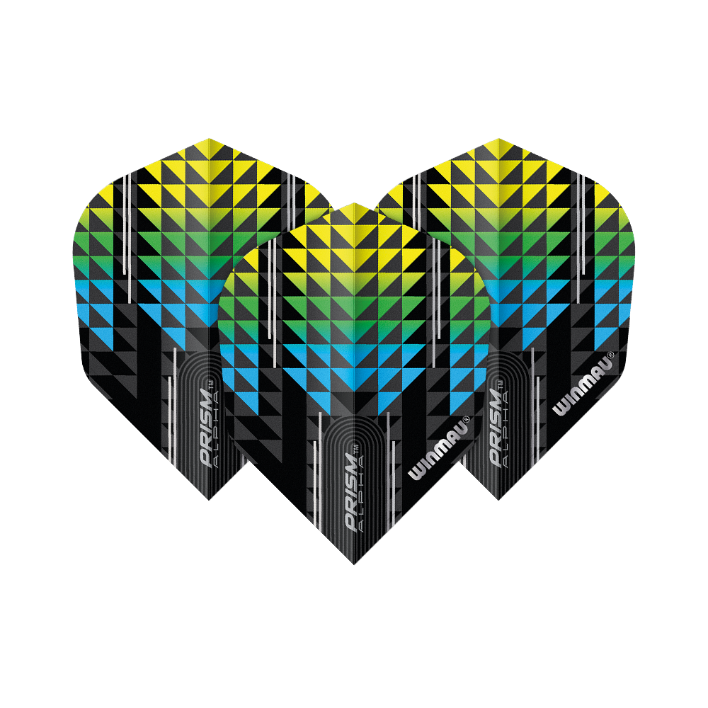 Das Bild zeigt drei Winmau Prism Alpha Flights in den Farben Blau, Grün und Gelb. Die Flights haben ein modernes, geometrisches Muster mit dem Schriftzug "Winmau" und "Prism Alpha".