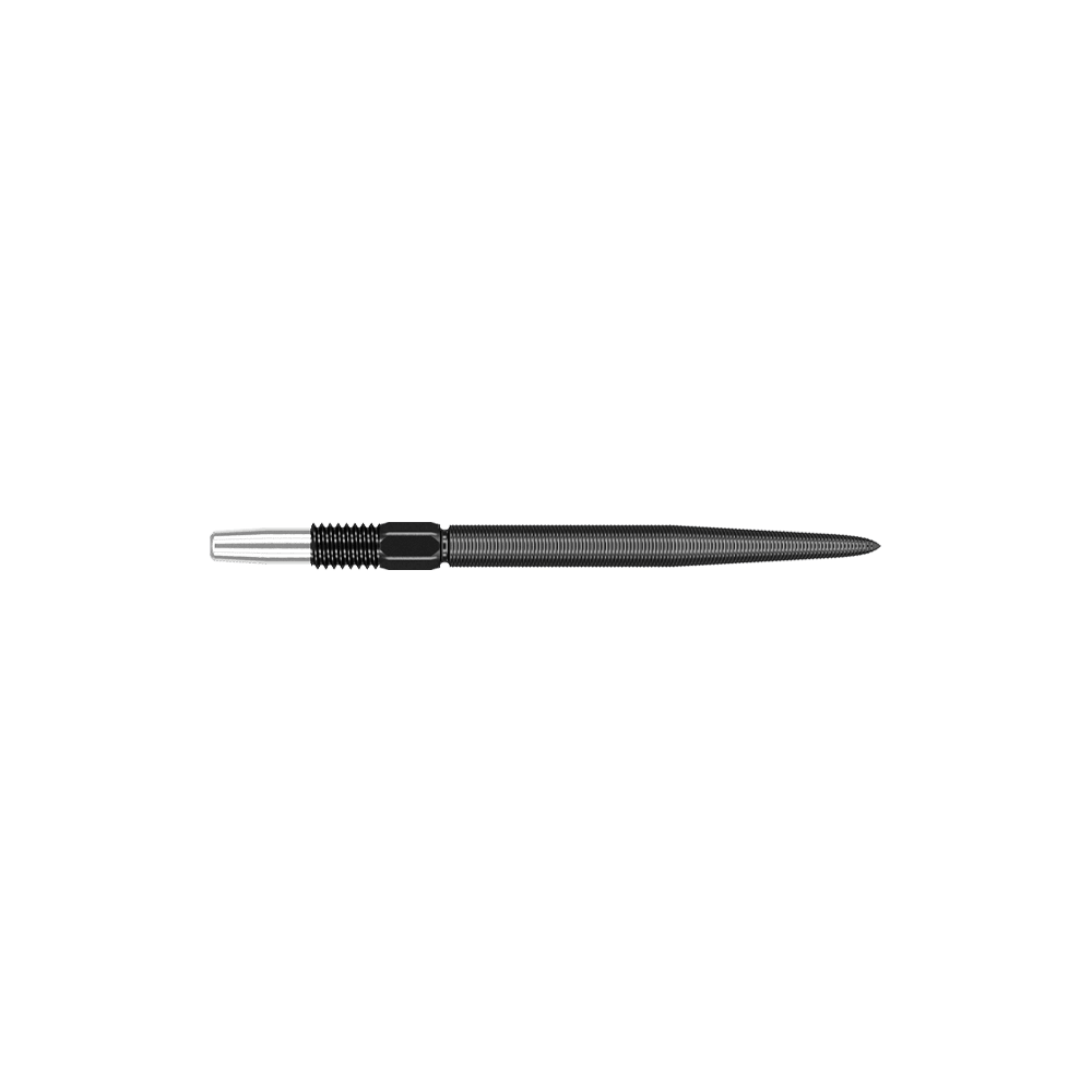 Target Swiss Point Nano Dartspitzen - Black Das Bild zeigt eine schwarze Dartspitze mit feinen Rillen. Sie hat ein schlankes, spitz zulaufendes Design.