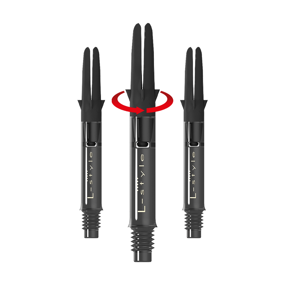 L-Style L-Shaft Carbon Silent Straight - Schwarz 260 Das Bild zeigt drei schwarze Dartschäfte der Marke L-Style in einer geraden Anordnung. Über dem mittleren Schaft ist ein roter Pfeil, der eine Drehbewegung anzeigt.