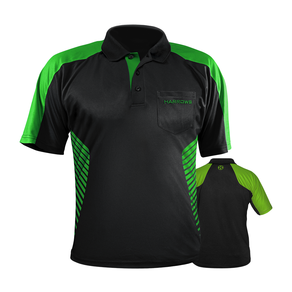 HRS-17492_Harrows_Vivid_Dartshirt_Black_Green_0 Das Bild zeigt das Harrows Vivid Dartshirt in Schwarz und Grün. Das Shirt hat grüne Akzente an den Schultern und Seiten sowie den Schriftzug „HARROWS“ auf der Brusttasche.