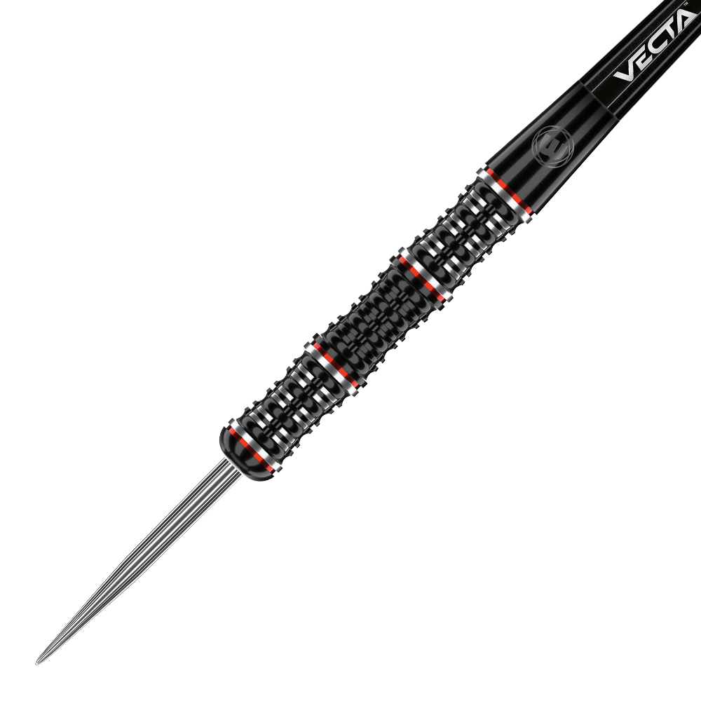 Auf dem Bild ist ein Winmau Mervyn King Special Edition Steeldart zu sehen. Der Dartpfeil hat ein schwarzes Griffstück mit roten und silbernen Akzenten.