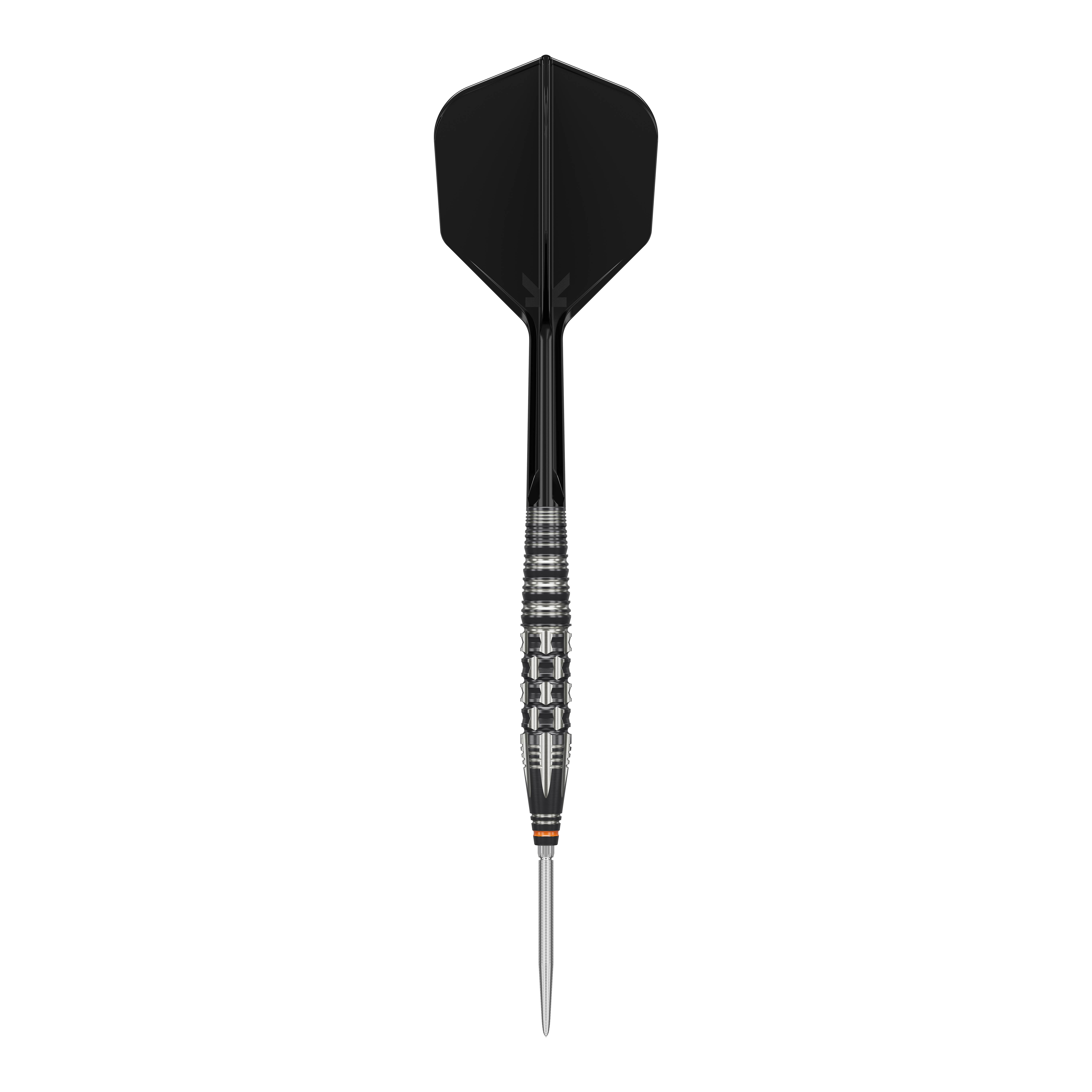 Das Bild zeigt einen Target Japan Black Marque Dancing Duck GEN 4 Steeldart. Der Dartpfeil hat ein elegantes, schwarzes Design mit einer metallischen, strukturierten Griffzone.