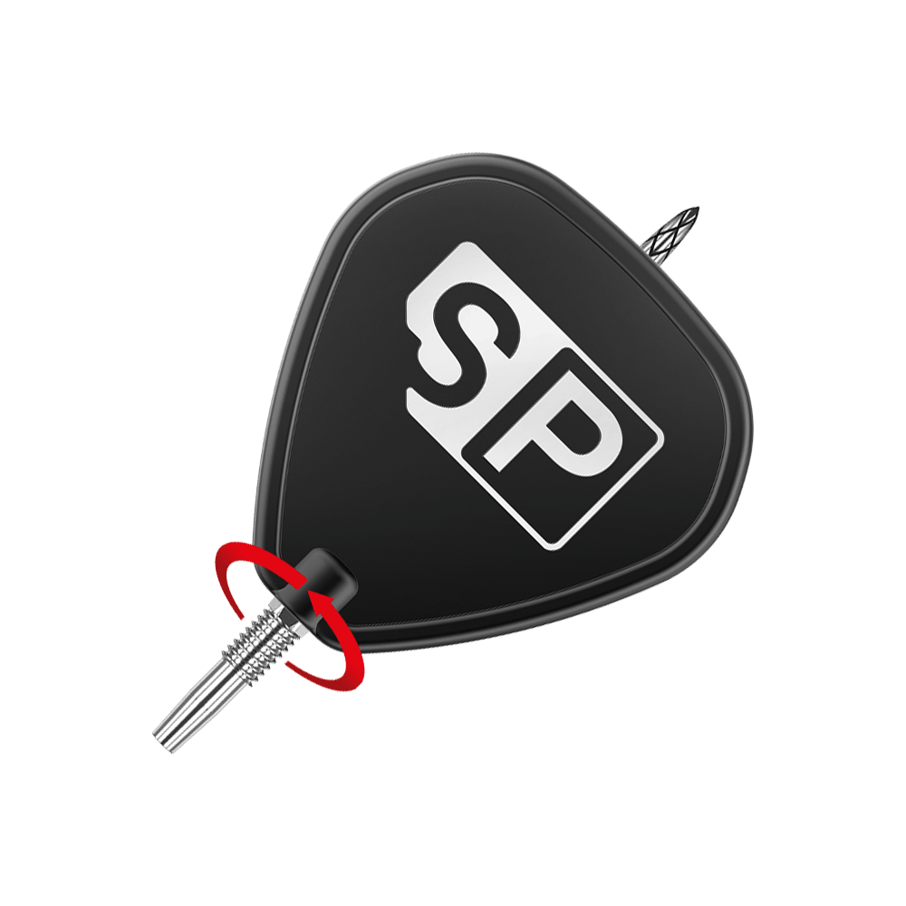 Target Swiss DS Surge Point Dartspitzen - Silver Das Bild zeigt die Spitze eines Dartpfeils mit einem schwarzen Flight, auf dem die Buchstaben "SP" in Weiß abgebildet sind. Ein roter Pfeil weist auf den Befestigungspunkt der Spitze hin.