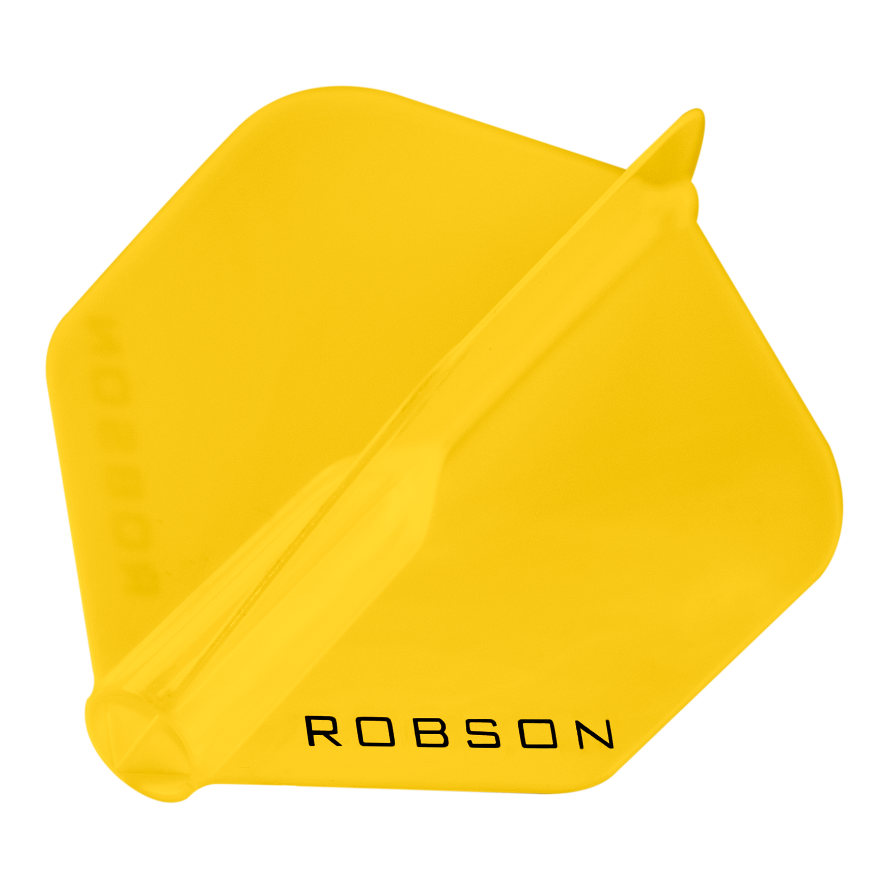 Robson Plus Standard Flights Das Bild zeigt einen gelben Dartflight der Marke Robson. Auf dem Flight steht das Wort "ROBSON" in schwarzer Schrift.