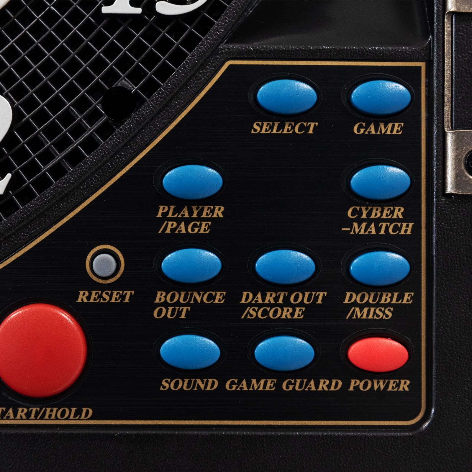 Elektronische Dartscheibe CB 90 Turnierausführung Das Bild zeigt die Tasten und Bedienfelder einer elektronischen Dartscheibe CB 90 Turnierausführung. Mehrere blaue und rote Knöpfe sind mit verschiedenen Funktionen wie "SELECT", "GAME", "POWER" und "RESET" beschriftet.