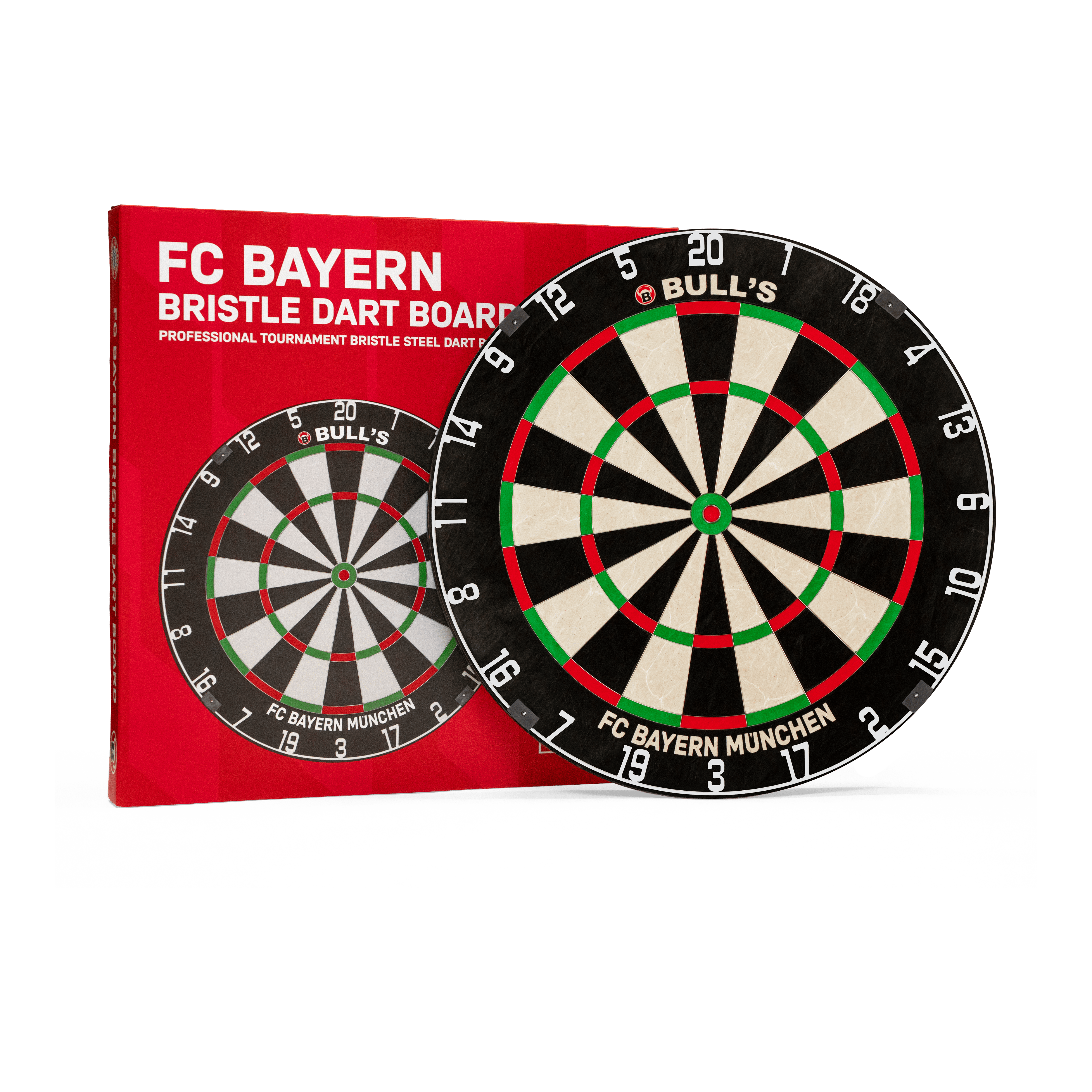 Bulls FC Bayern München Bristle Steeldartboard Das Bild präsentiert das Bulls FC Bayern München Bristle Steeldartboard. Es handelt sich um ein Steeldartboard mit FC Bayern München Logo.
